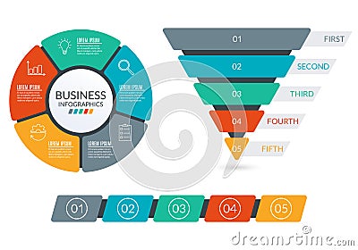 Infographic design elements with circle diagram, Sales and marketing funnel or Business pyramid, Timeline infographics with 5 step Vector Illustration